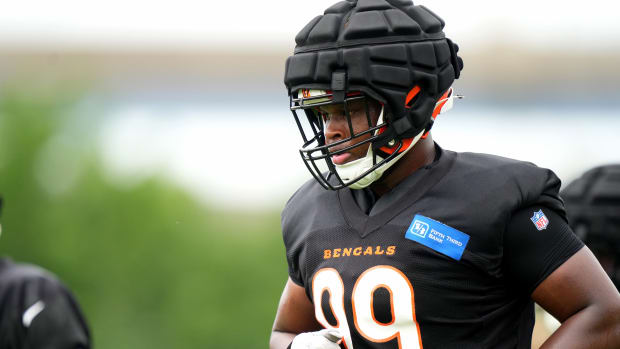 Jul 28, 2023; Cincinnati, Ohio, USA; Cincinnati Bengals defensive end Myles Murphy (99) jogs between drills during training camp at the practice fields next to Paycor Stadium. Mandatory Credit: Kareem Elgazzar/The Cincinnati Enquirer-USA TODAY Sports